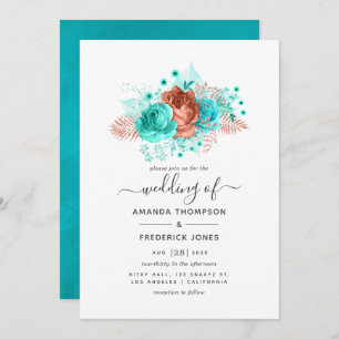 Waterverf van Turquoise en Coral Floral Wedding Kaart