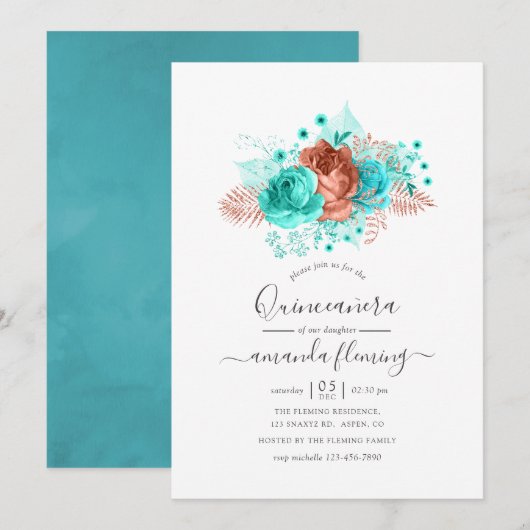 Waterverf van Turquoise en Coral Quinceañera Kaart (Voorkant / Achterkant)