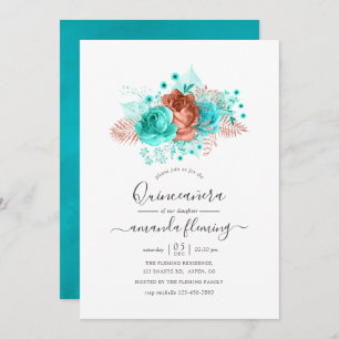 Waterverf van Turquoise en Coral Quinceañera Kaart