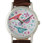 Waterverf van vogelpest horloge<br><div class="desc">Moderne waterverf vogels en bloemen in blauwgroen groen, rood en magenta roze. Originele kunst van Nic Squirrell.</div>