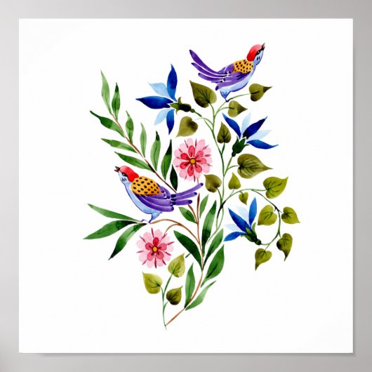 Waterverf van vogels en bloemen Kunstschilders Poster (Voorkant)