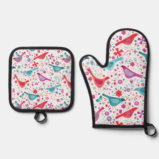 Waterverf van vogels en bloemen ovenwant & pannenlap set (Voorkant)