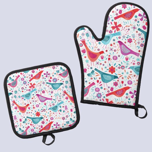 Waterverf van vogels en bloemen ovenwant & pannenlap set