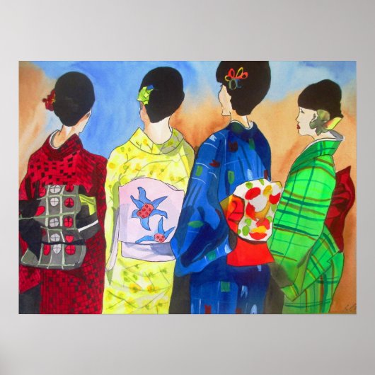 Waterverf van voorjaars Kimono Japans Geisha Poster (Voorkant)
