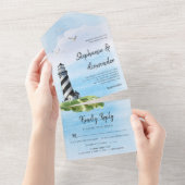 Waterverf van vuurtoren Modern Nautical Wedding All In One Uitnodiging (Afscheurbaar)