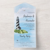 Waterverf van vuurtoren Modern Nautical Wedding All In One Uitnodiging (Binnen)