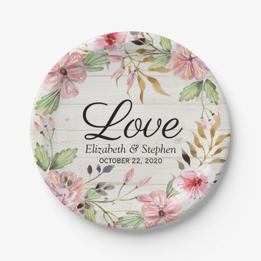 Waterverf van weduwenkast Roze bloemen Rustisch ho Papieren Bordje (Voorkant)