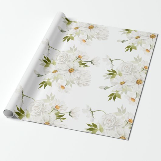 Waterverf van White Daisy Floral  Cadeaupapier (Uitgerold)