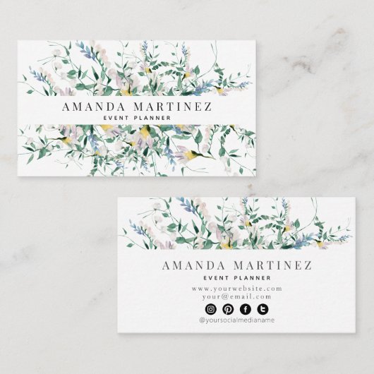 Waterverf van wilde bloemen Sociale media Visiteka Visitekaartje (Voorkant / Achterkant)
