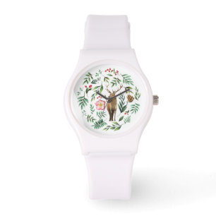 Waterverf van wilde dieren met bloemen en bladeren horloge
