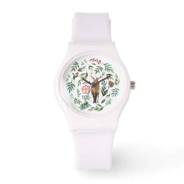 Waterverf van wilde dieren met bloemen en bladeren horloge (Voorkant)