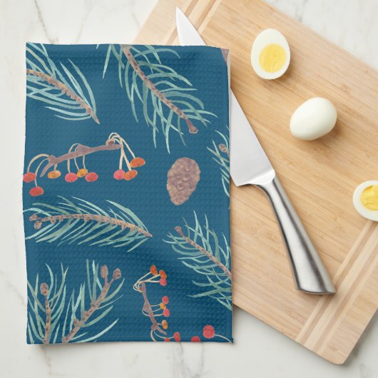 Waterverf van winterpijn en bessen theedoek (Quarter Fold)