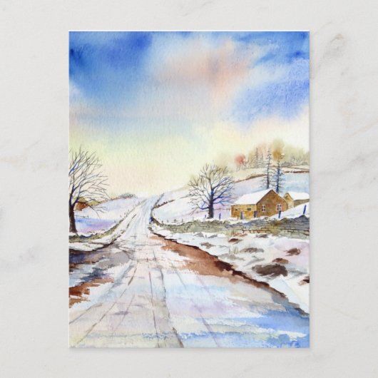 Waterverf van Wintery Lane Landscape Painting Briefkaart (Voorkant)