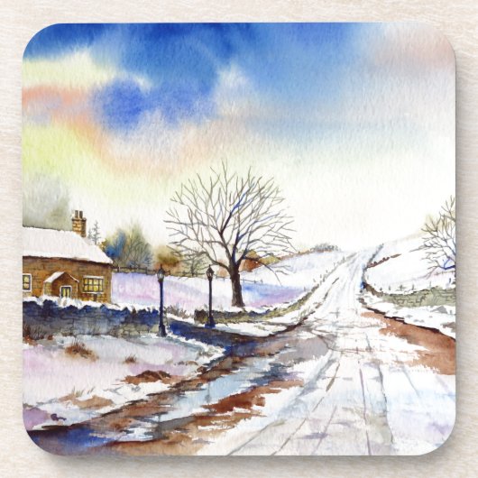 Waterverf van Wintery Lane Landscape Painting Drankjes Onderzetter (Voorkant)