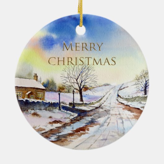 Waterverf van Wintery Lane Landscape Painting Keramisch Ornament (Achterkant)