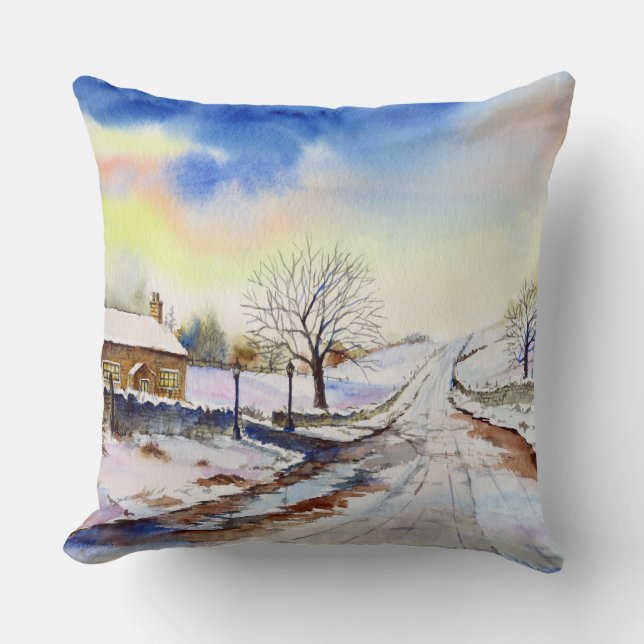 Waterverf van Wintery Lane Landscape Painting Kussen (Voorkant)