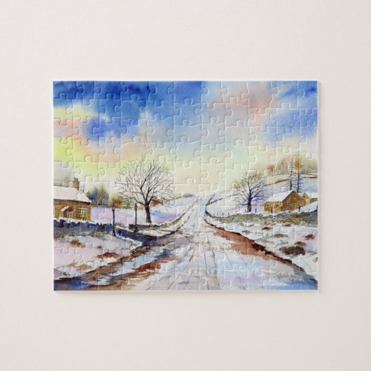 Waterverf van Wintery Lane Landscape Painting Legpuzzel (Horizontaal)