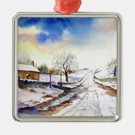 Waterverf van Wintery Lane Landscape Painting Metalen Ornament