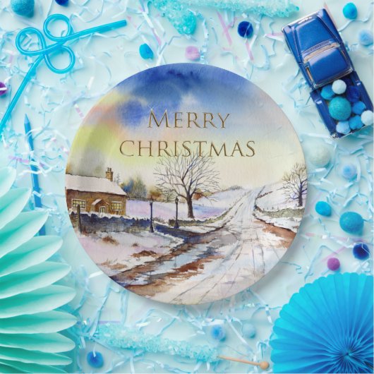 Waterverf van Wintery Lane Landscape Painting Papieren Bordje (Feest)