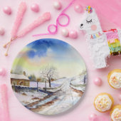 Waterverf van Wintery Lane Landscape Painting Papieren Bordje (Feest)