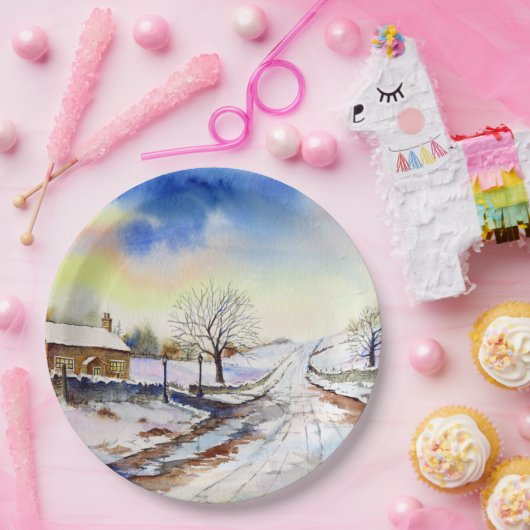 Waterverf van Wintery Lane Landscape Painting Papieren Bordje (Feest)
