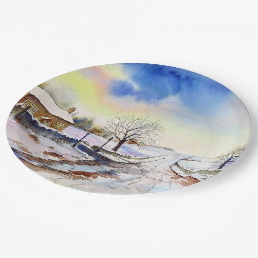 Waterverf van Wintery Lane Landscape Painting Papieren Bordje (Gekanteld)