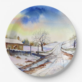 Waterverf van Wintery Lane Landscape Painting Papieren Bordje