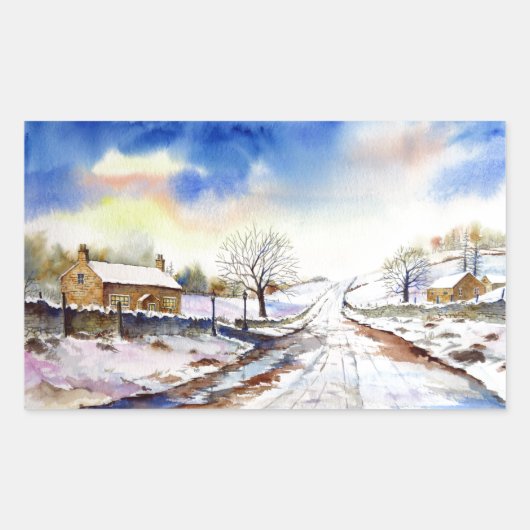 Waterverf van Wintery Lane Landscape Painting Rechthoekige Sticker (Voorkant)