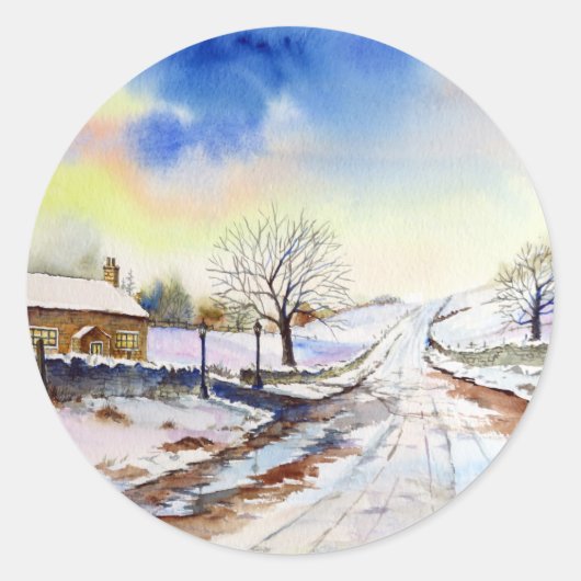 Waterverf van Wintery Lane Landscape Painting Ronde Sticker (Voorkant)