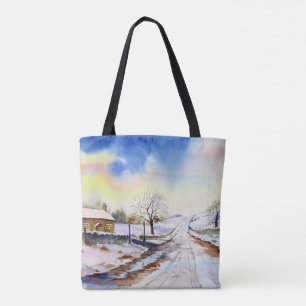 Waterverf van Wintery Lane Landscape Painting Tote Bag
