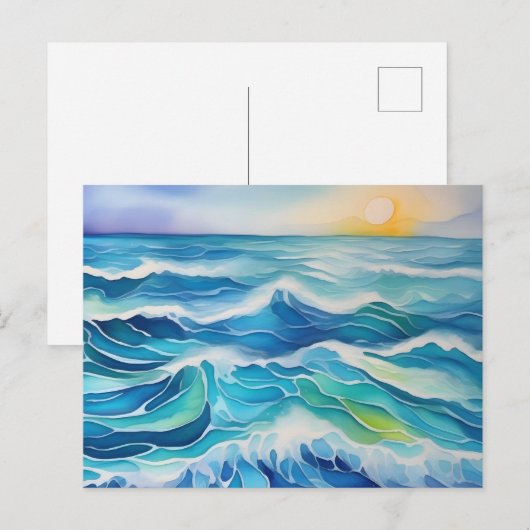 Waterverf van zee golven onder de zon briefkaart (Voorkant / Achterkant)