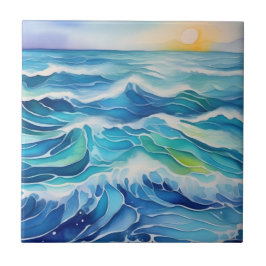 Waterverf van zee golven onder de zon tegeltje