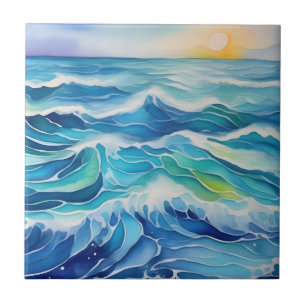 Waterverf van zee golven onder de zon tegeltje