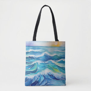 Waterverf van zee golven onder de zon tote bag