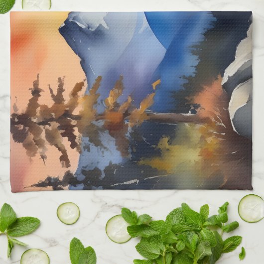 Waterverf van zonsopgang boven met sneeuw bedekte  theedoek (Gevouwen)