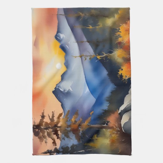 Waterverf van zonsopgang boven met sneeuw bedekte  theedoek (Verticaal)