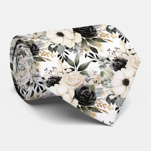 Waterverf van zwarte en witte Floral Stropdas (Opgerold)