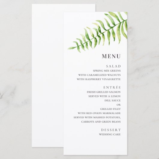 Waterverf varen bruiloft. Bosgroen botanisch Menu (Voorkant / Achterkant)