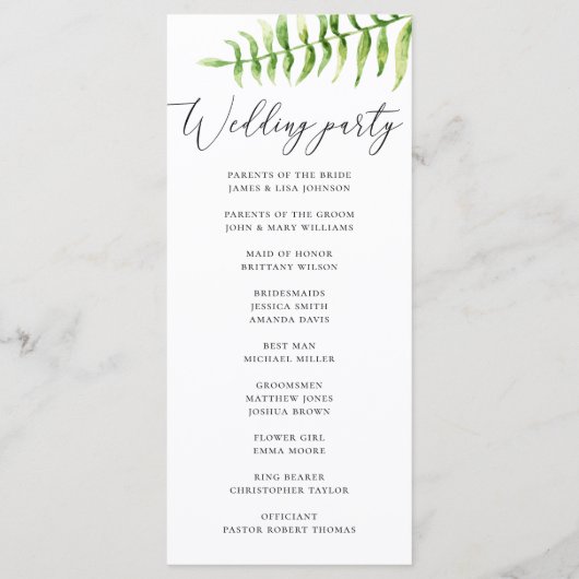 Waterverf varen. Woodland botanisch script bruilof Programmakaart (Achterkant)