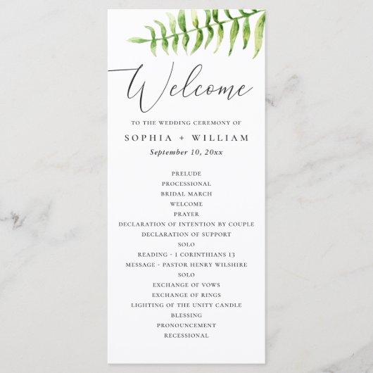 Waterverf varen. Woodland botanisch script bruilof Programmakaart (Voorkant)