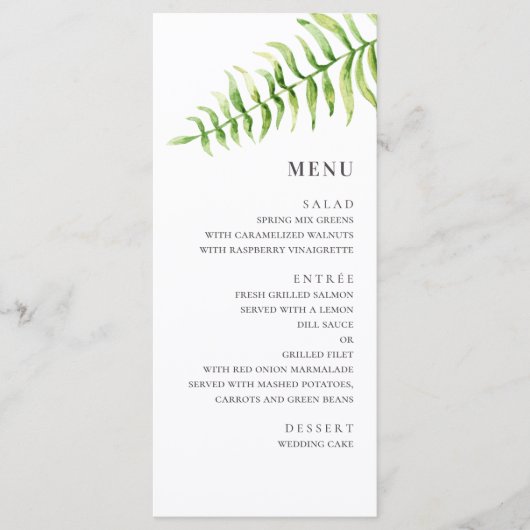 Waterverf varens bruiloft. Bosgroen botanisch Menu (Voorkant)