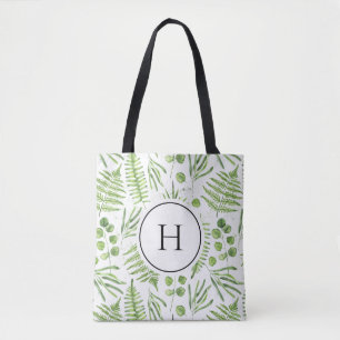 Waterverf varens en eucalyptuspatroon monogram tote bag