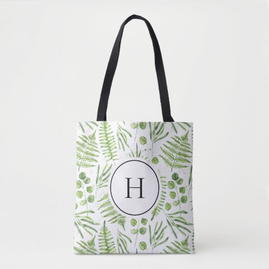Waterverf varens en eucalyptuspatroon monogram tote bag (Voorkant)