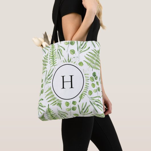 Waterverf varens en eucalyptuspatroon monogram tote bag (Dichtbij)