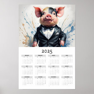 Waterverf varken met een Tuxedo 2025 wandkalender Poster