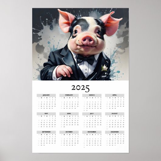Waterverf Varken Tuxedo Bow Stropdas 2025 Wandkale Poster (Voorkant)