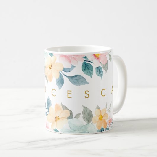 Waterverf Veerlentepastels Floral Jouw naam toevoe Koffiemok (Voorkant rechts)