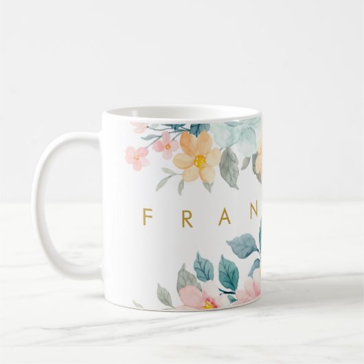 Waterverf Veerlentepastels Floral Jouw naam toevoe Koffiemok (Links)