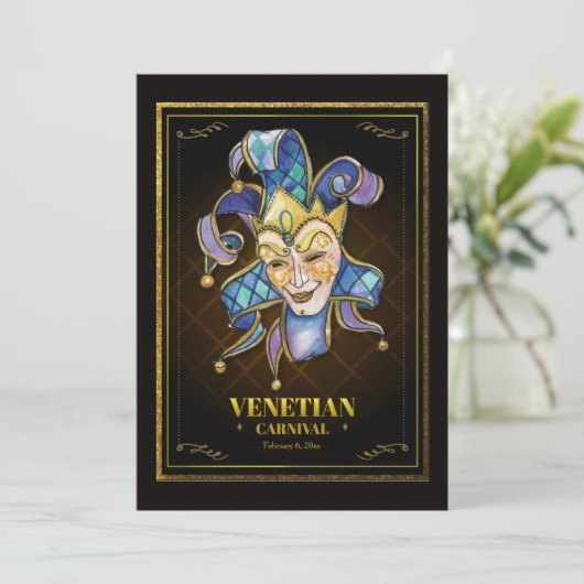 Waterverf Venetiaanse Maskeruitnodiging Kaart (Staand voorkant)