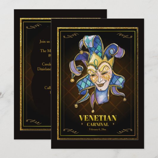 Waterverf Venetiaanse Maskeruitnodiging Kaart (Voorkant / Achterkant)